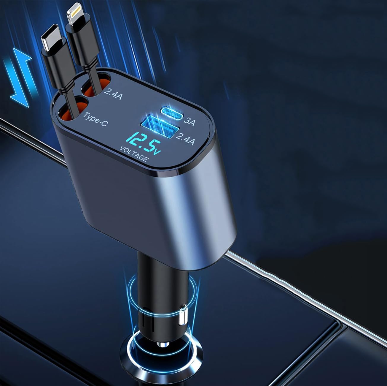 4-in-1 Retractable Car Charger | 120W | Dual Cables & USB Ports | iOS & Android