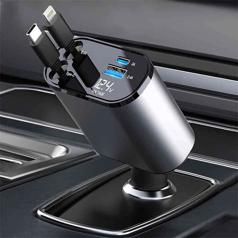 4-in-1 Retractable Car Charger | 120W | Dual Cables & USB Ports | iOS & Android